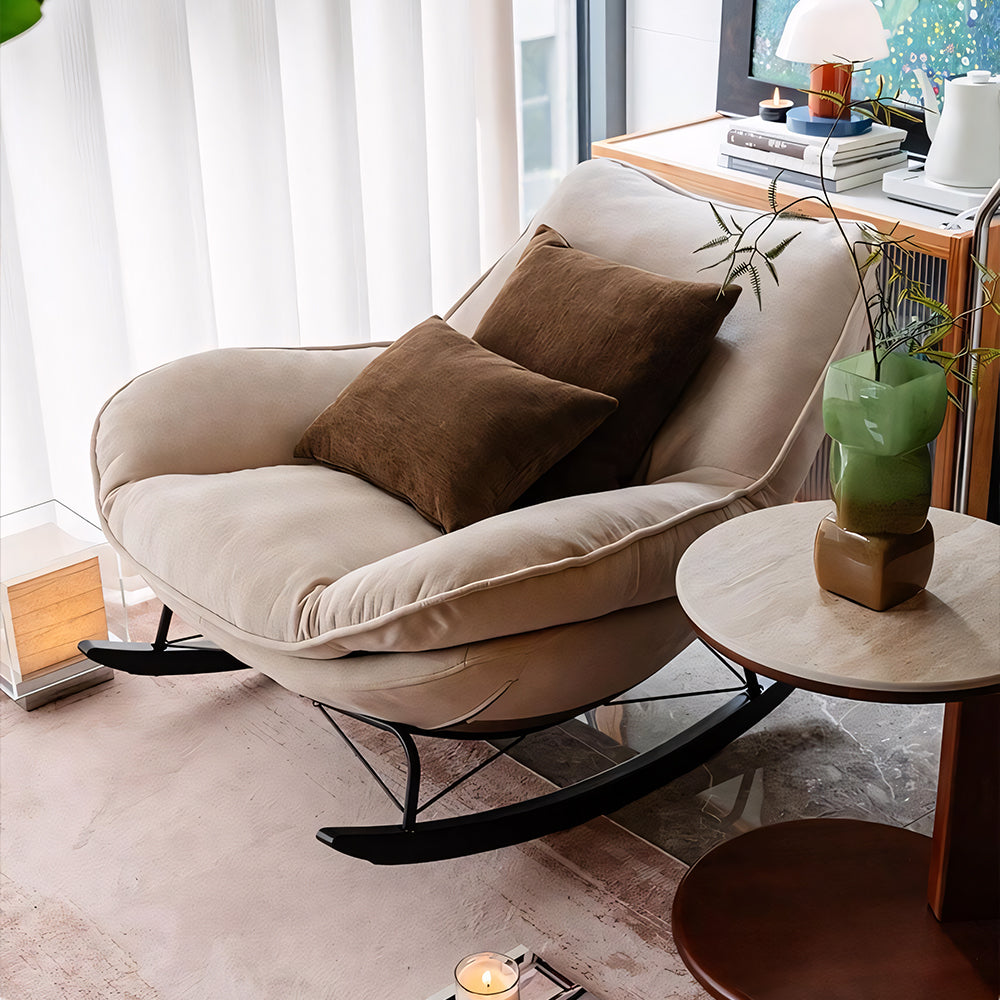 Modern Rocking Lounge Chair Upholstered Fabric Accent Chair with Curved Design and Metal Base