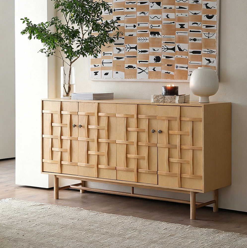 63" Modern Geometric Solid Wood Sideboard Storage Cabinet with Sculptural Door Design