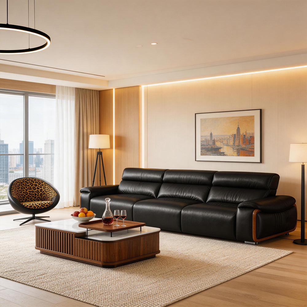 123.2'' Modern Power Reclining Leather Sofa Remote Control Adjustable Deep Seat Lounge Couch