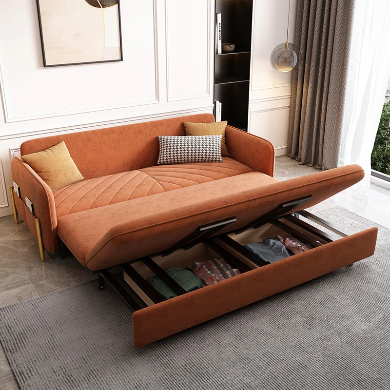 Modern sofa bed in velvet upholstery with hidden storage drawer
