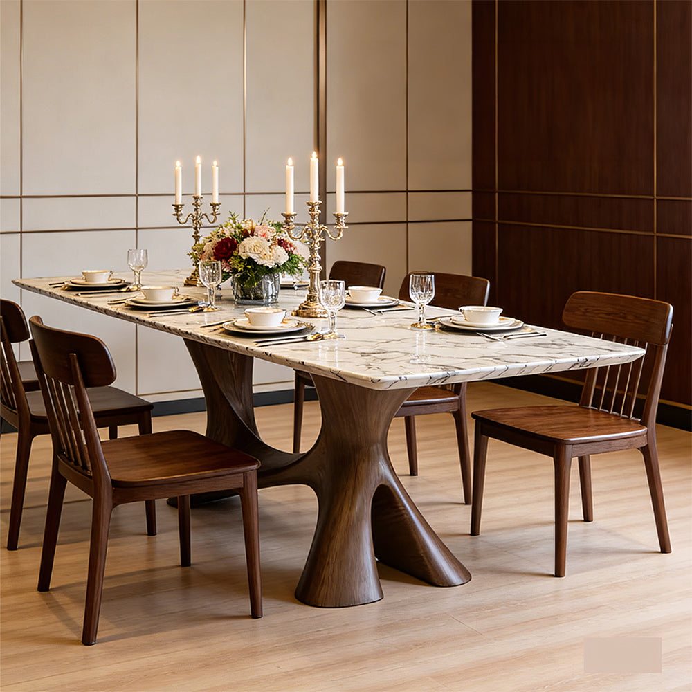 Modern Oval Dining Table with Porcelain Marble Top and Walnut