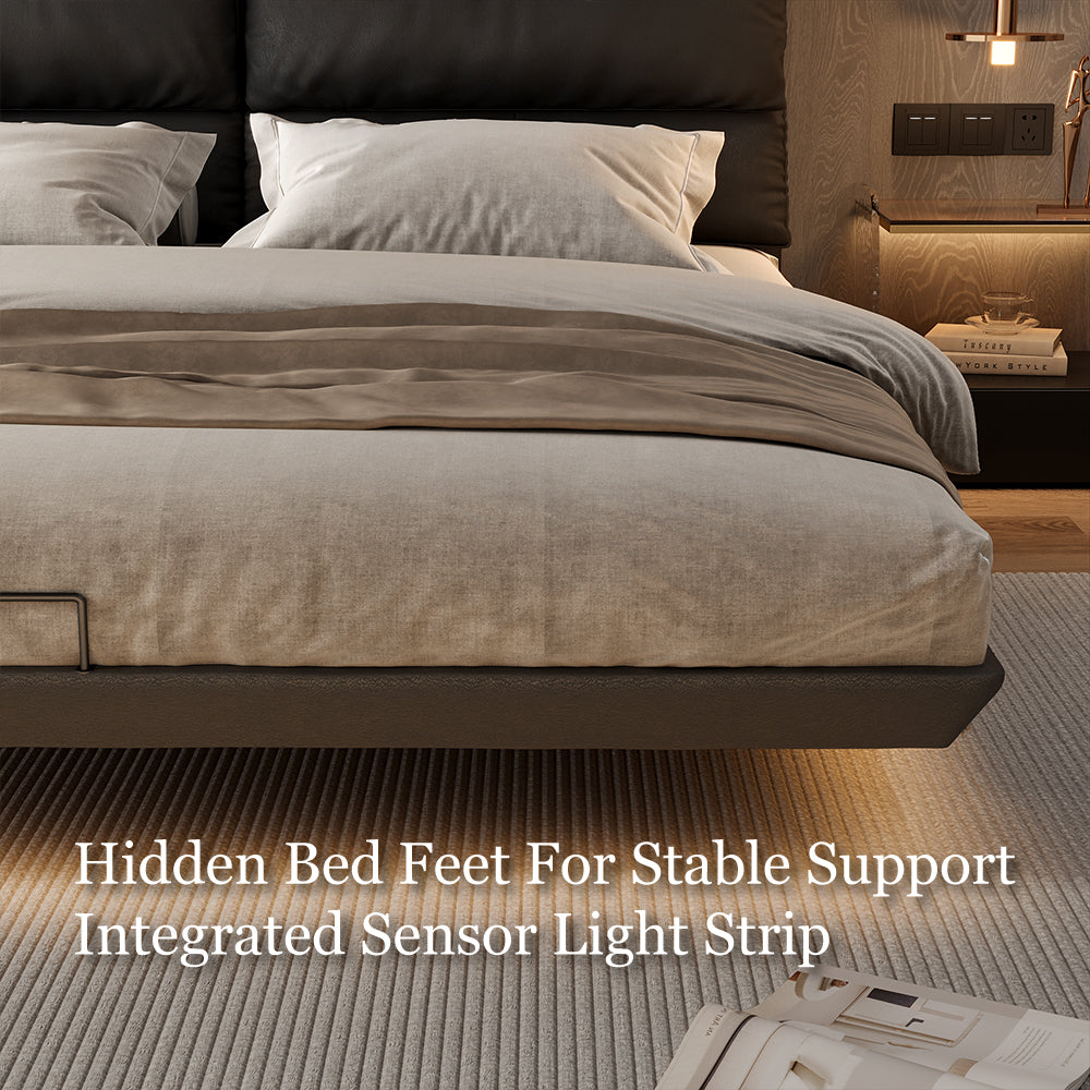 Contemporary Floating Platform Bed with LED Ambient Lighting & Upholstered Headboard