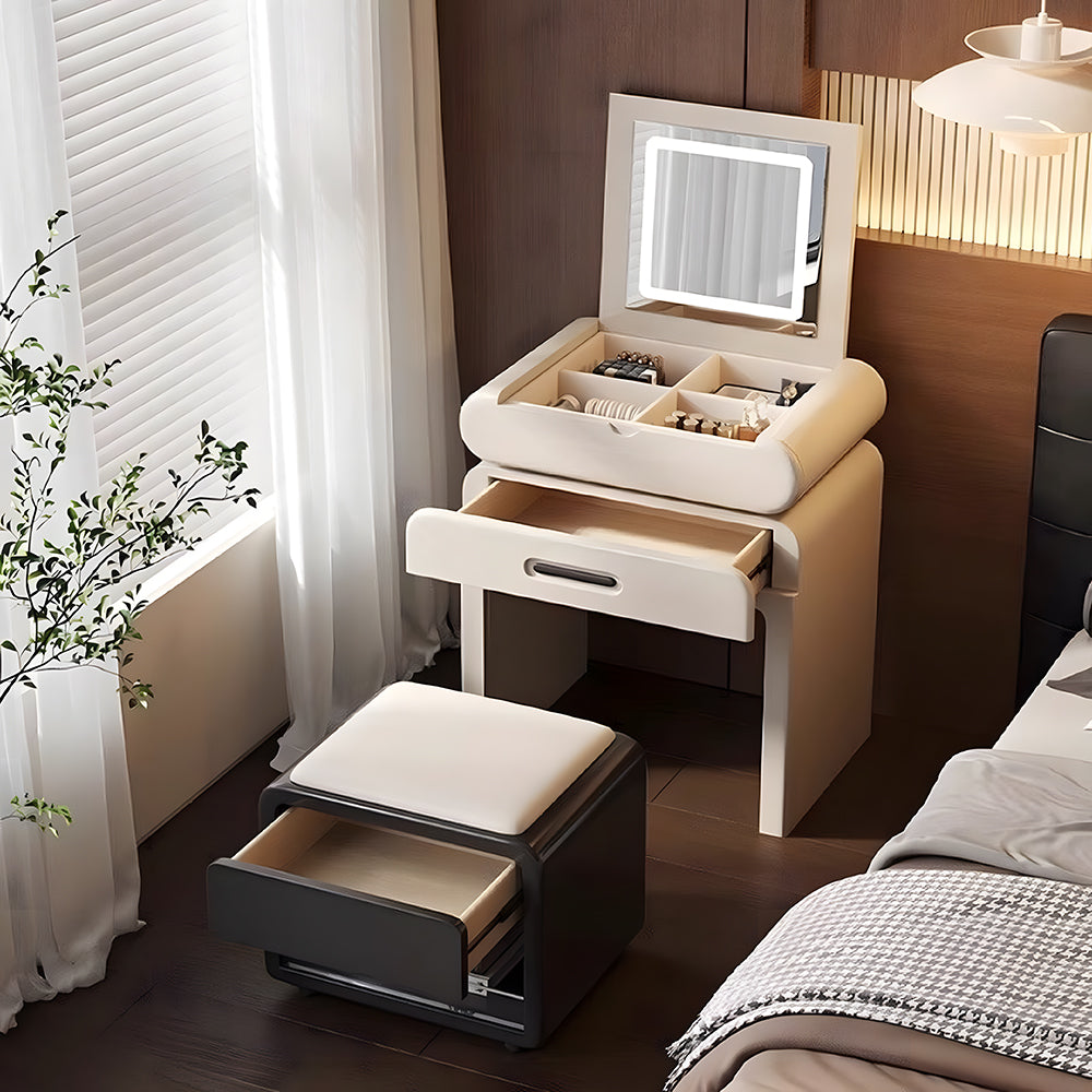 Modern Minimalist Vanity Desk with LED Mirror Storage Drawer Makeup Table Set with Upholstered Stool