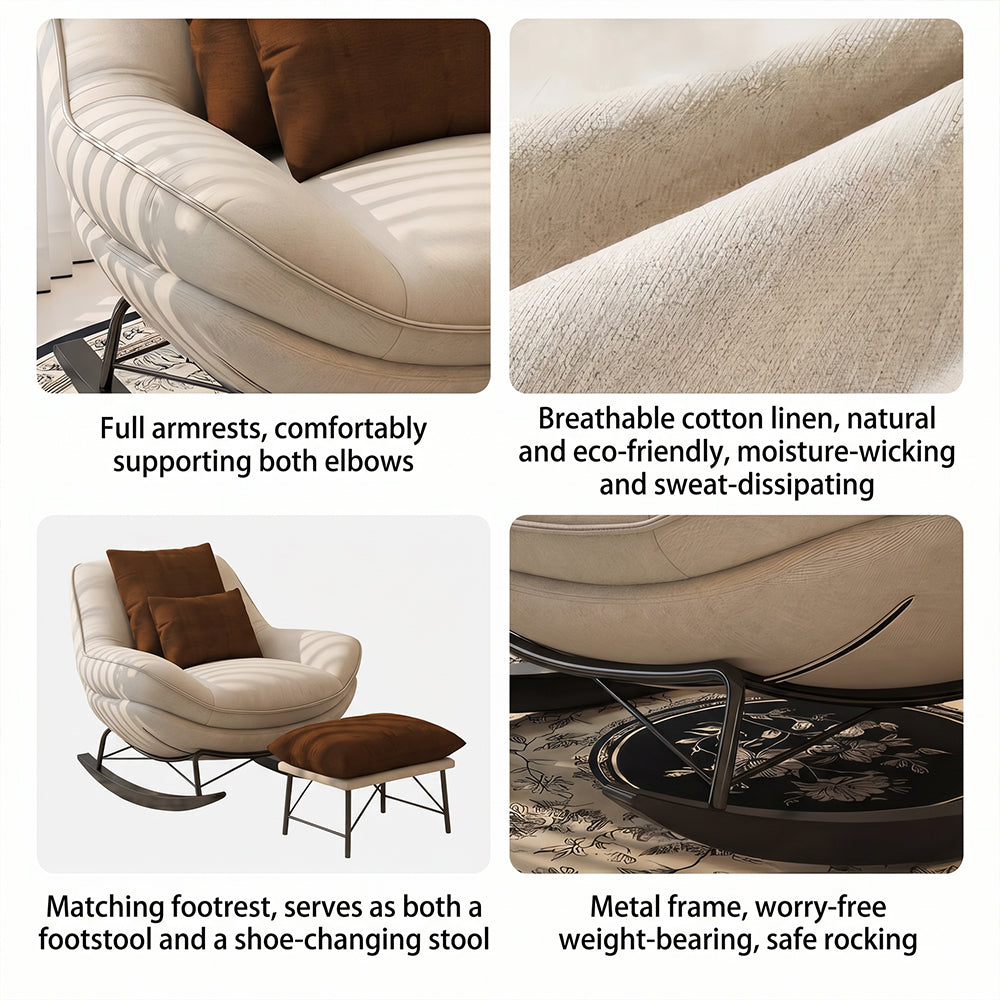 Modern Rocking Lounge Chair Upholstered Fabric Accent Chair with Curved Design and Metal Base