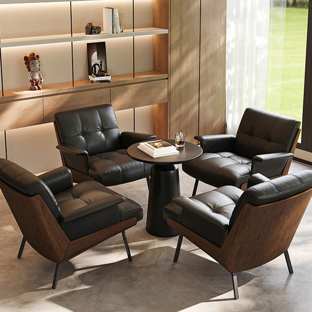 Contemporary Black Leather Lounge Chair with Warm Walnut Wood Details