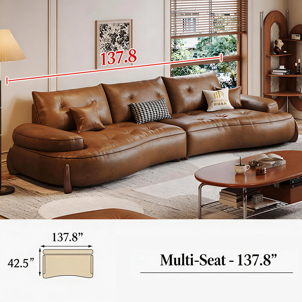 Modern Curved Leather Sofa Camel Upholstery Low Profile Contemporary Lounge Design