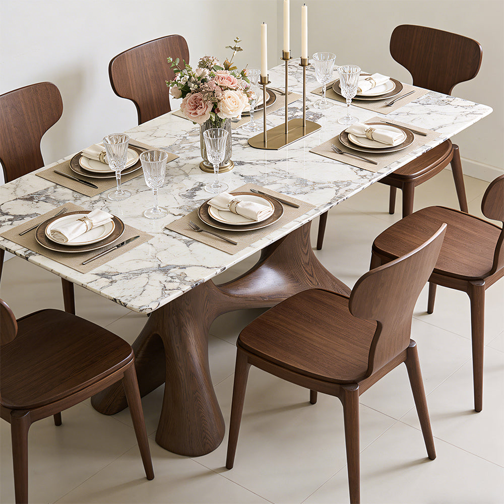 Modern Oval Dining Table with Porcelain Marble Top and Walnut