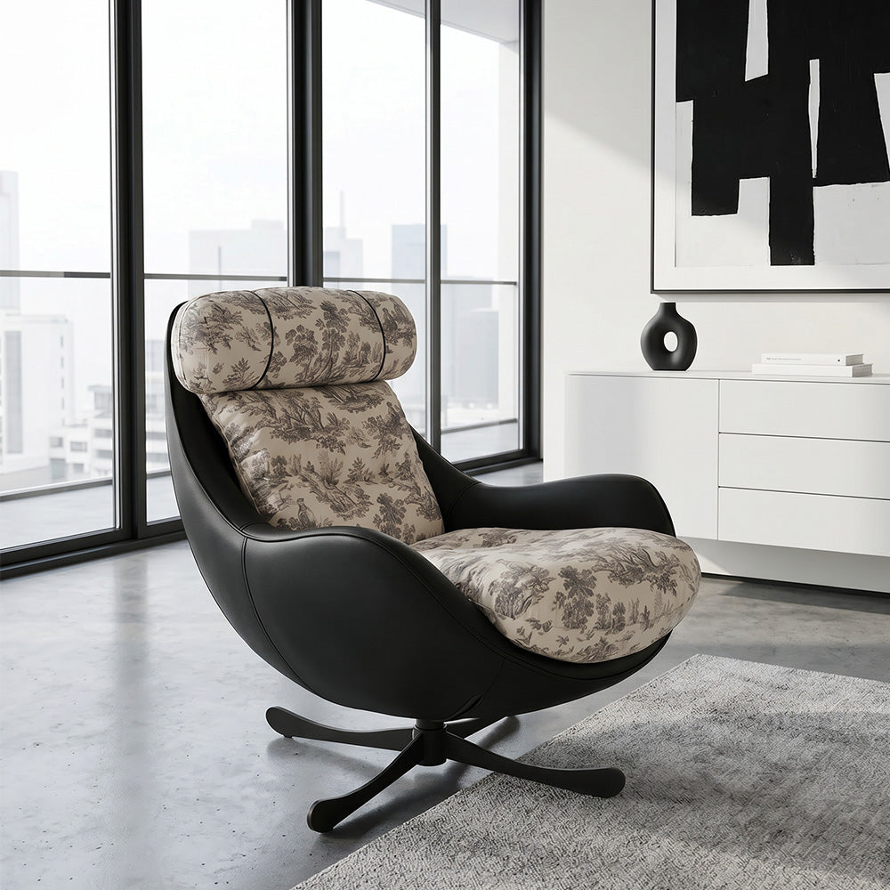 Printed Swivel Lounge Chair with Black Faux Leather Shell