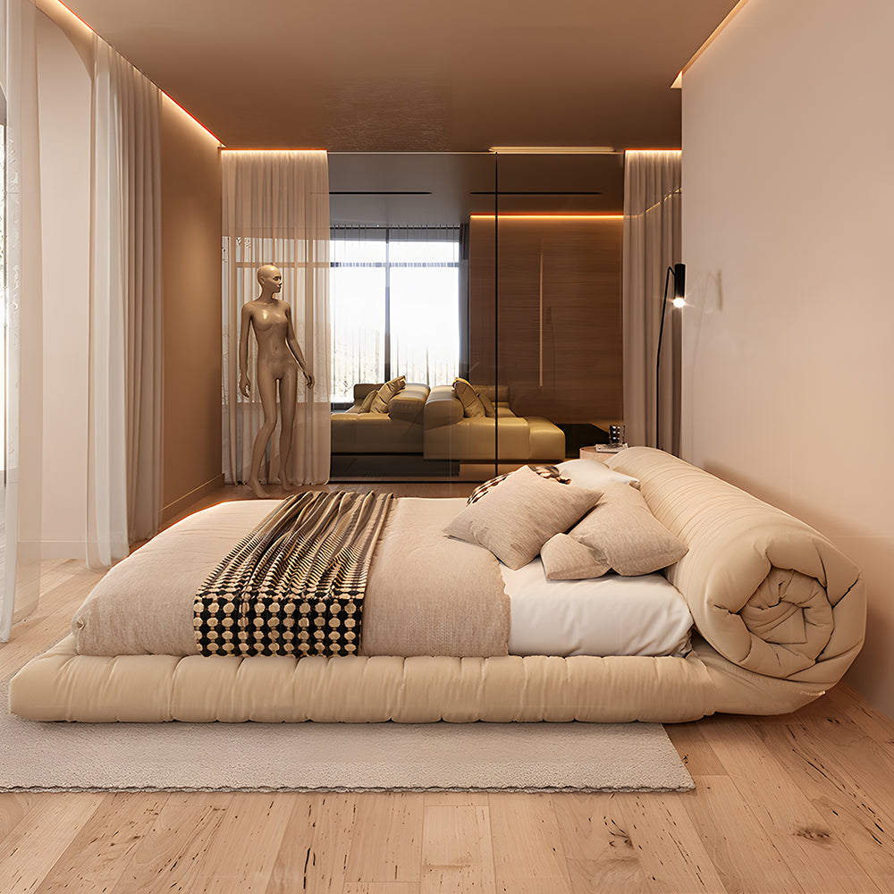 Minimalist Japanese-Style Tatami Bed Fabric Steel-Wood Slatted Frame
