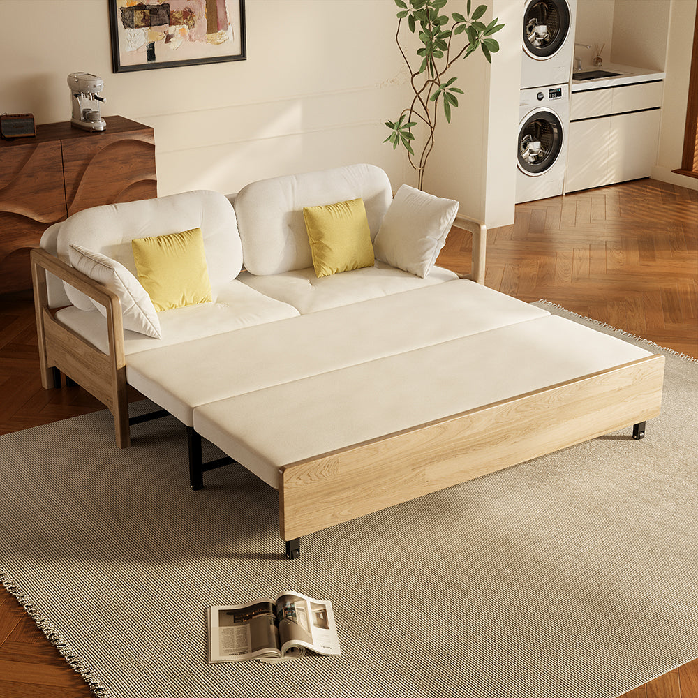 Sofa bed fully extended to bed mode with storage accessible