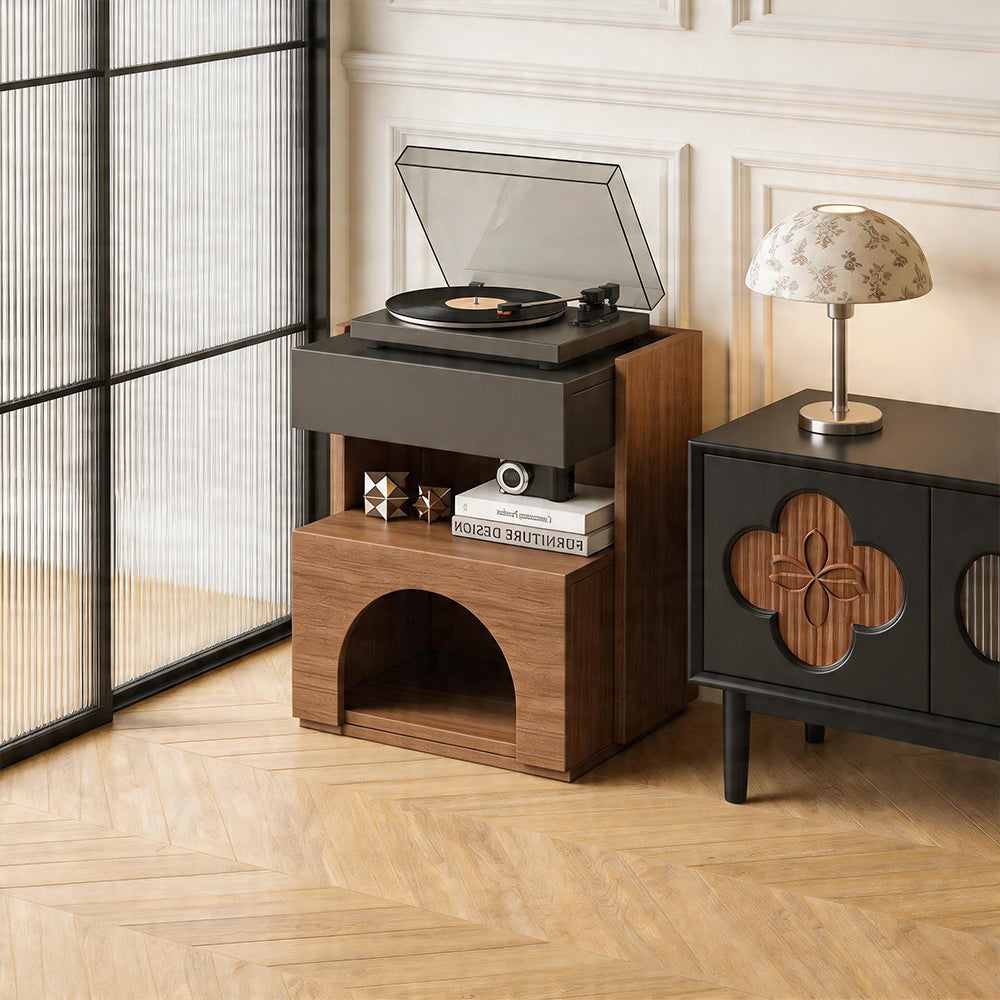 Modern Nightstand with Drawer and Open Shelf Wooden Bedside Table with Built-in Pet House Contemporary Storage Cabinet