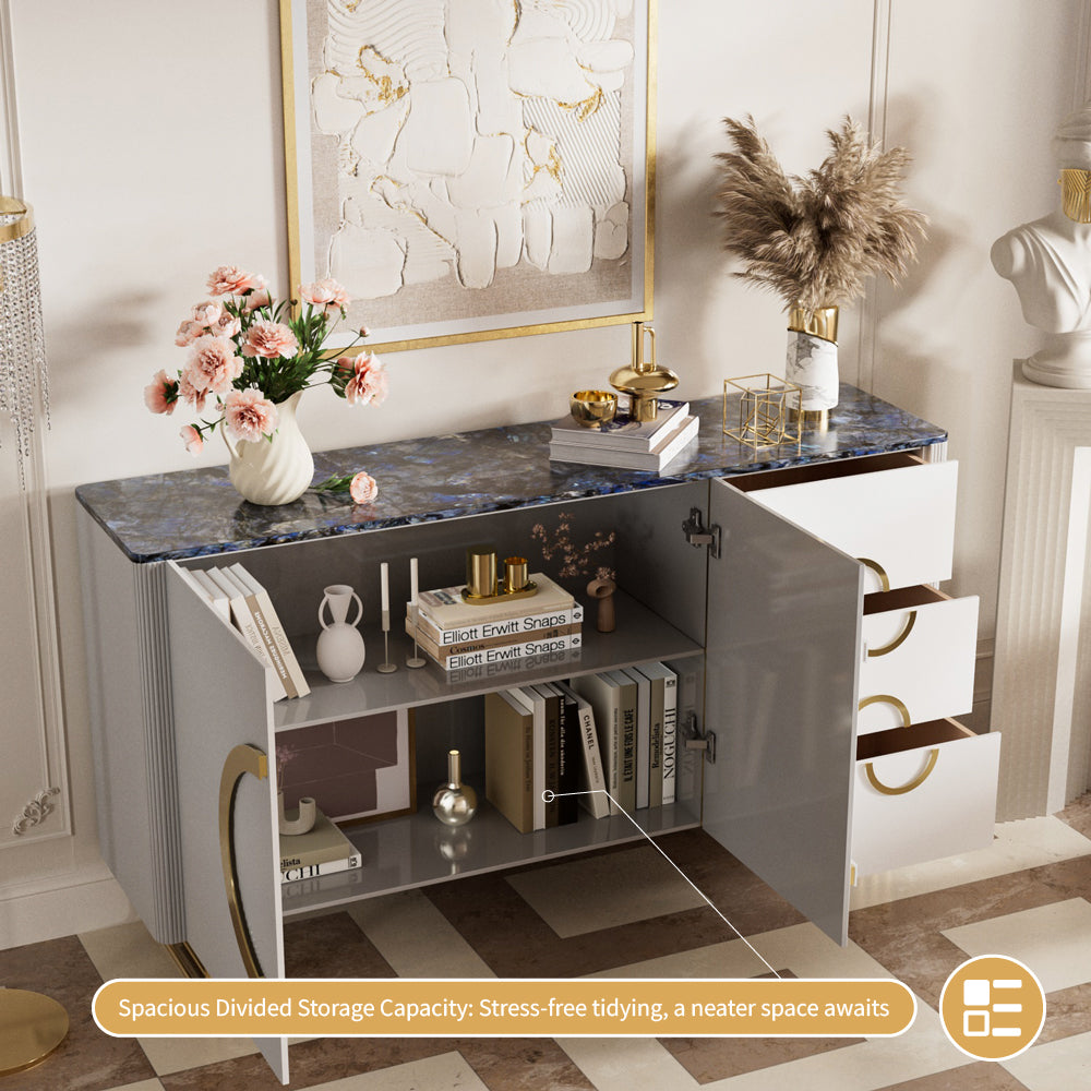 62.4" Sleek Modern White and Gold Buffet Cabinet with Circular Accents