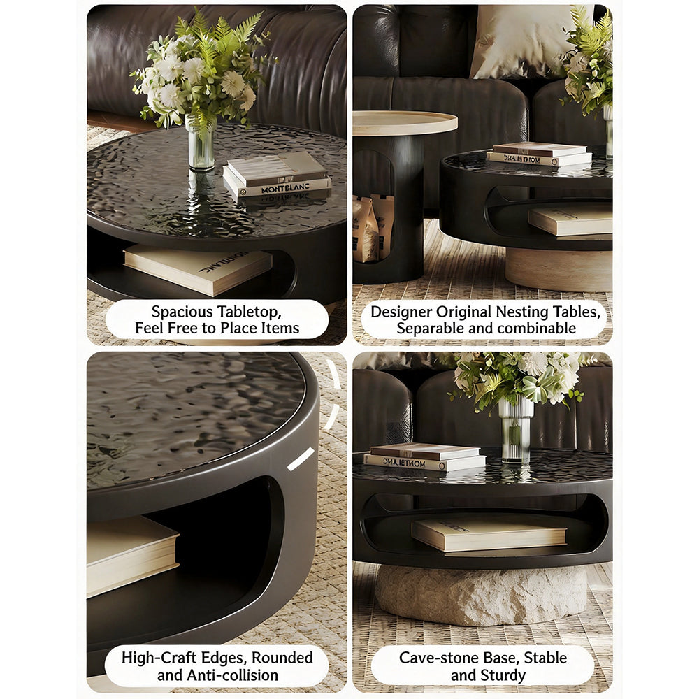 Modern Round Coffee Table Set with Textured Black Top and Open Storage Side Table