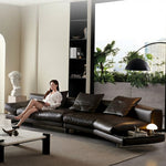 Load image into Gallery viewer, Modern Low-Profile Leather Sofa Deep Brown Upholstery with Wide Armrests &amp; Metal Legs
