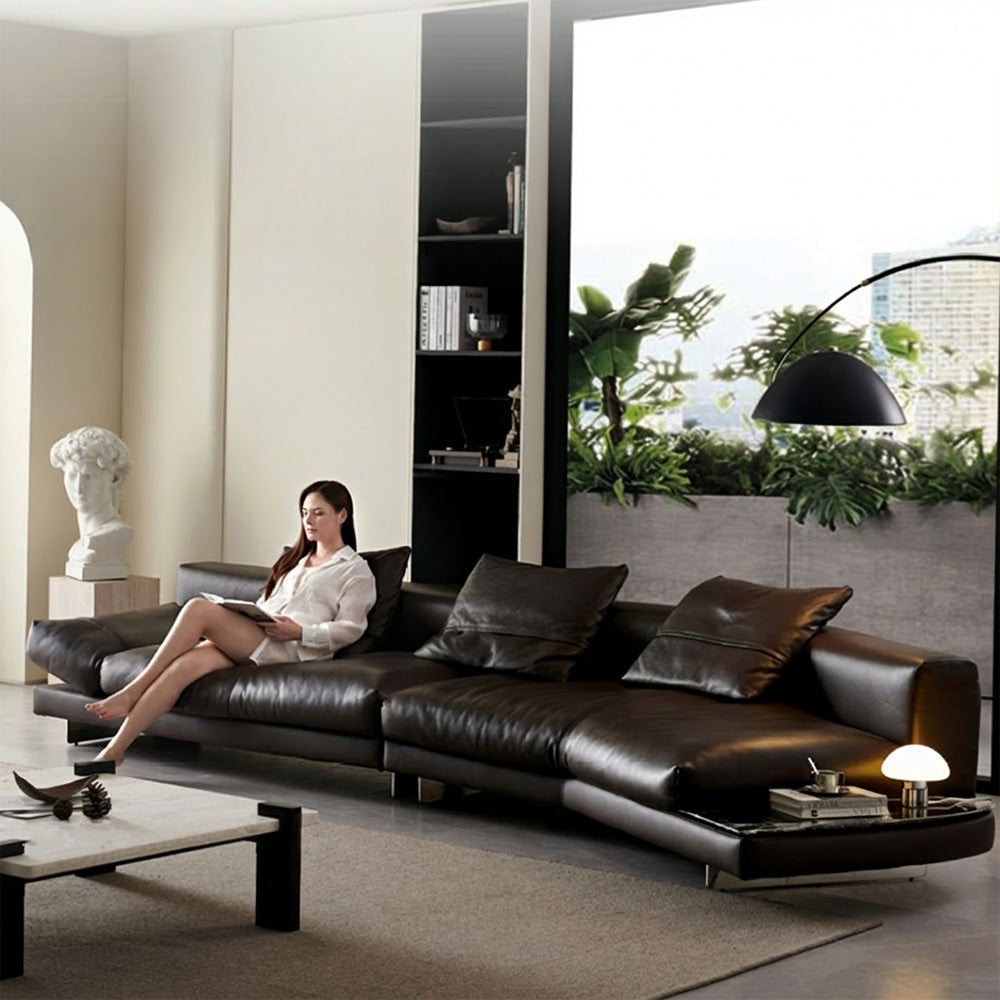 Modern Low-Profile Leather Sofa Deep Brown Upholstery with Wide Armrests & Metal Legs