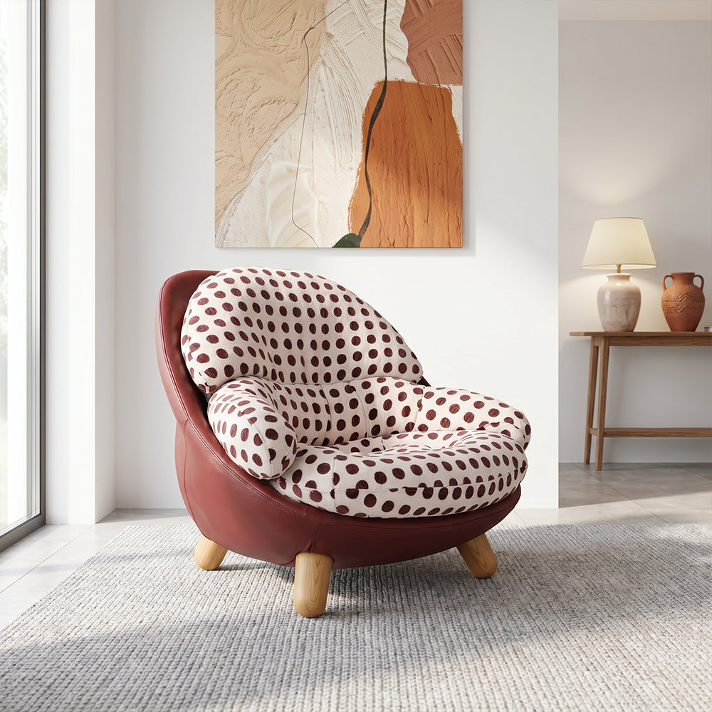 Modern Polka Dot Lounge Chair with Rounded Cushion & Wood Legs