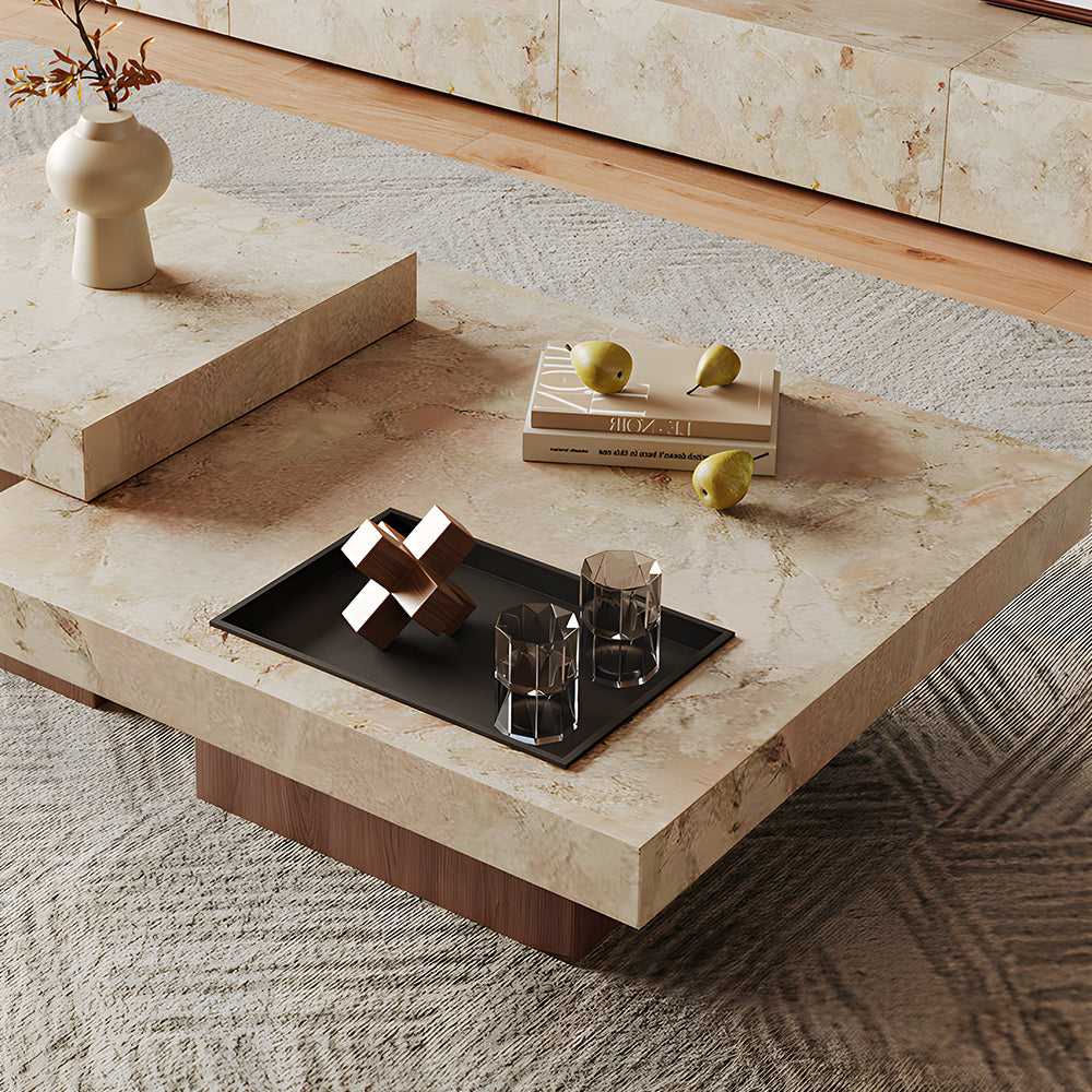 Modern Faux Marble Coffee Table Geometric Layered Center Table Contemporary Living Room Tea Table