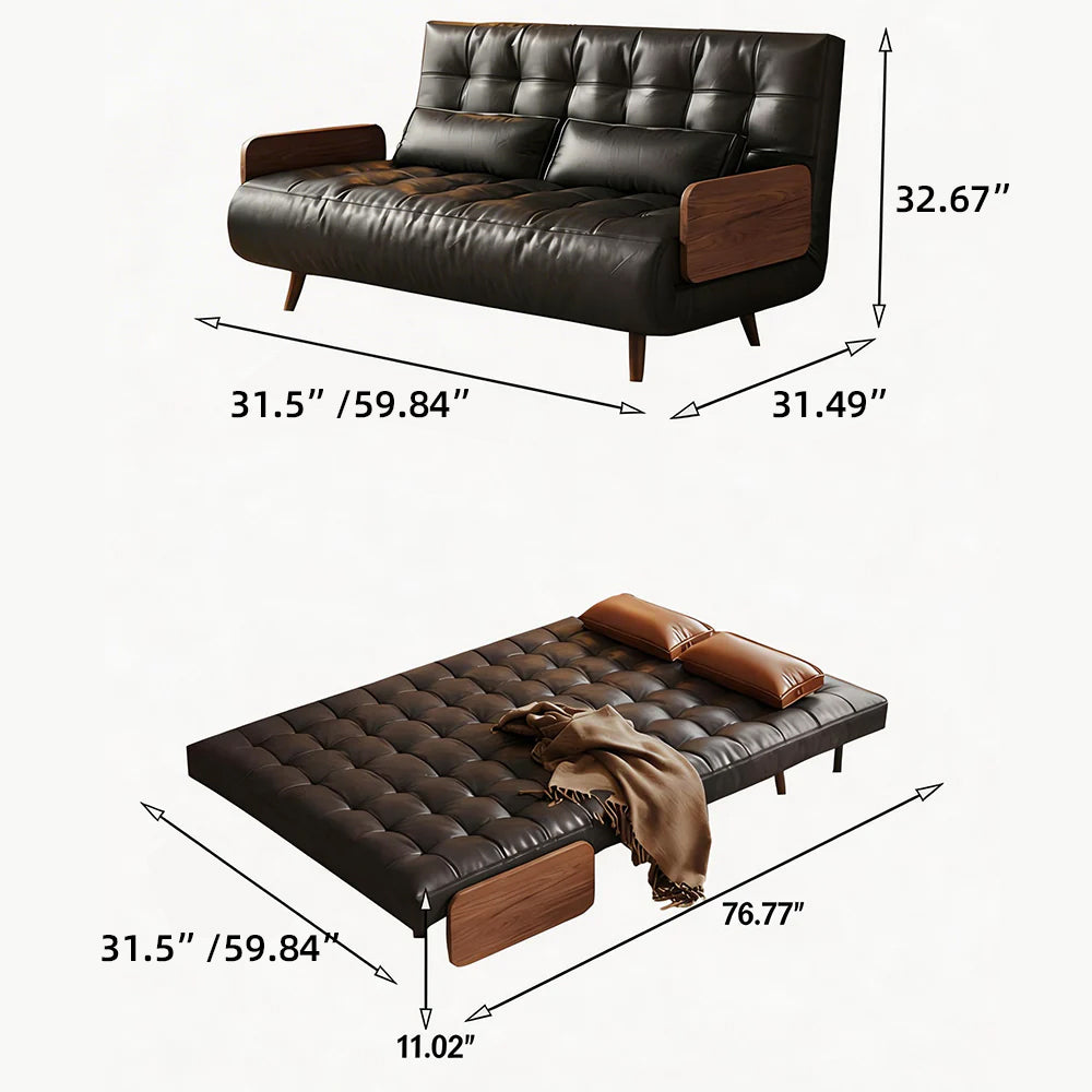 Modern Faux Leather Sofa Bed Convertible Sleeper Couch with Wood Armrests Tufted Design