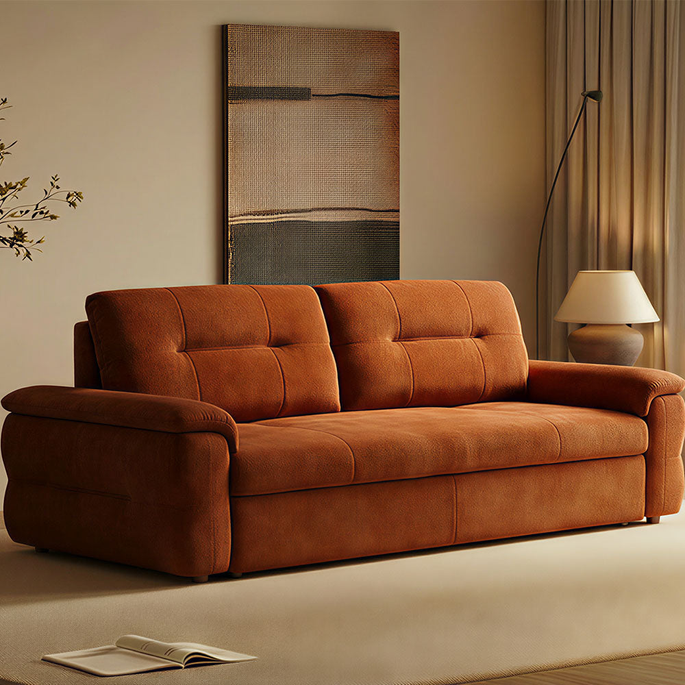 Pull-out sofa bed styled in living room, ideal for guests and everyday lounging