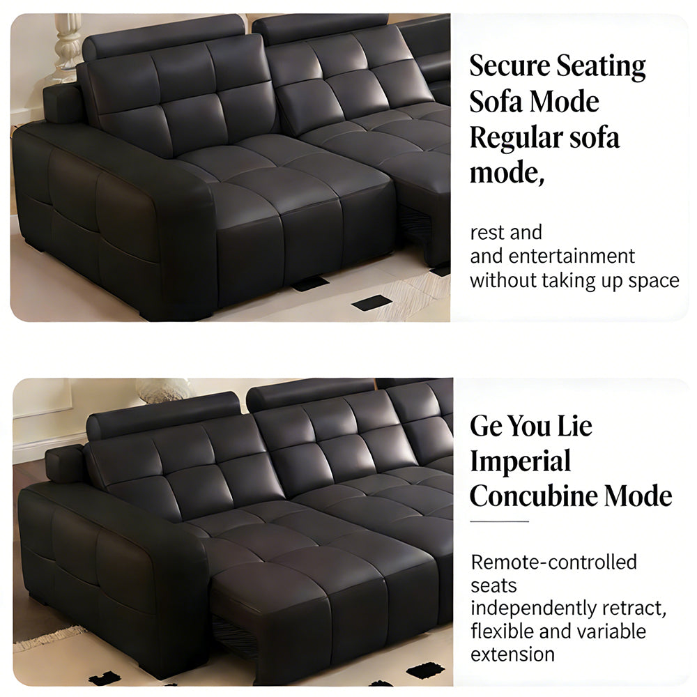 130.7'' Modern Power Reclining Sectional Sofa Black Genuine Leather Deep Seat Electric Lounge Sofa with Chaise