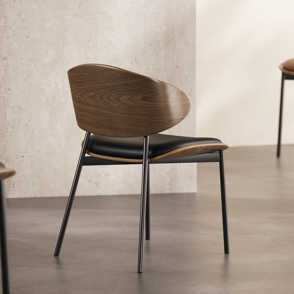 2PCS Mid Century Dining Chair Curved Back Leather Seat Wood Edge Metal Legs
