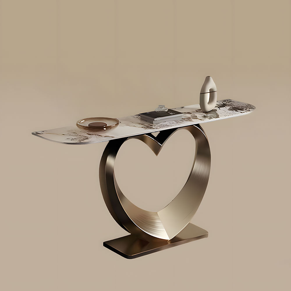 Elegant Heart-Shaped Base Console Table in Gold with Marble Top