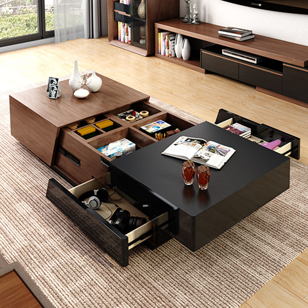Modern Walnut & Black Extendable Coffee Table Expandable Design with Large-Capacity Storage