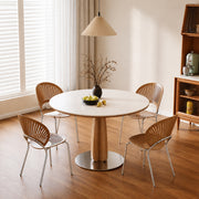 Modern Round Dining Table White Sintered Stone Top with Solid Wood Pedestal Base
