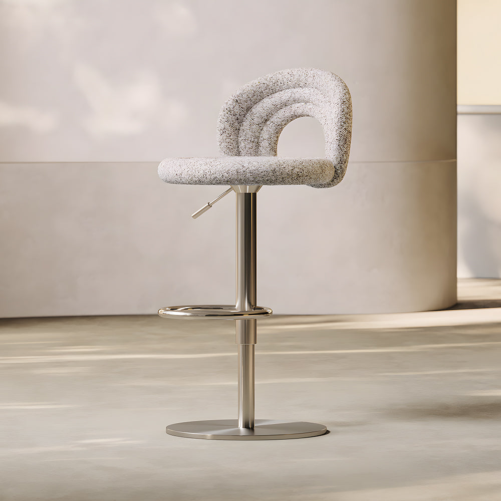 1 Piece Modern Boucle Adjustable Bar Stool with Sculptural Backrest and Stainless Steel Base