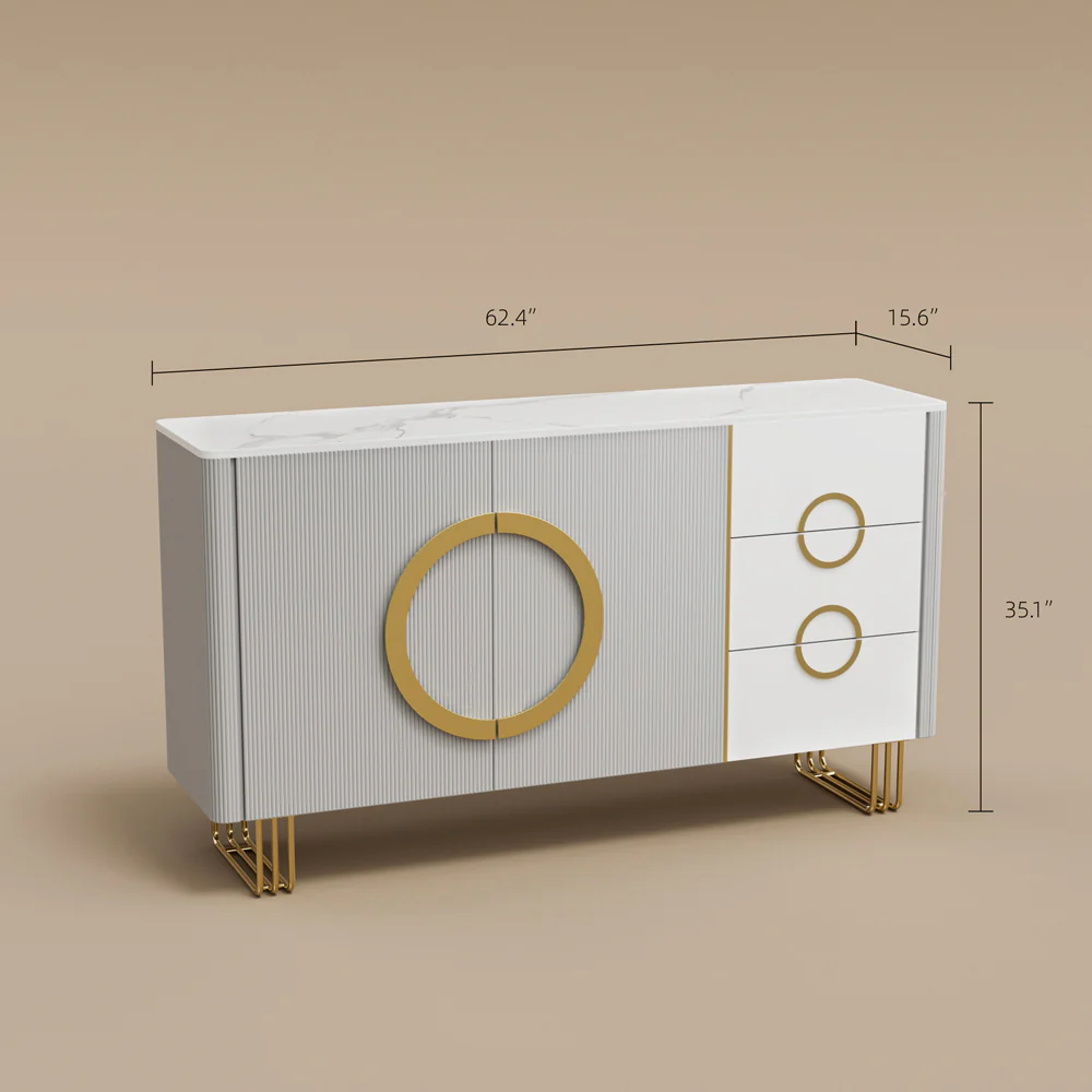 Modern Luxury Dining Set Sculptural Wood & Marble-Effect Table × White-and-Gold Buffet Cabinet