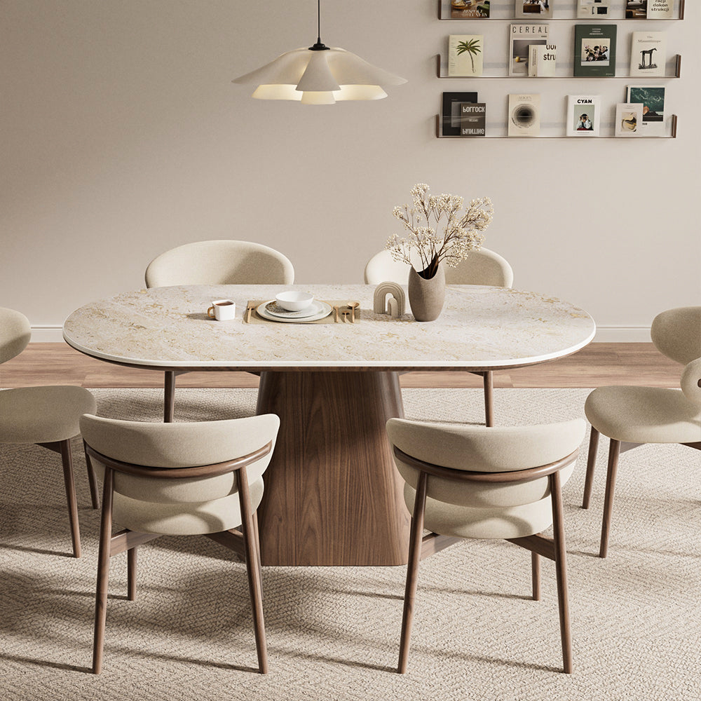 Oval Dining Table Solid Wood Walnut Veneer Base Scratch Resistant Sintered Stone Top Modern Stylish Design