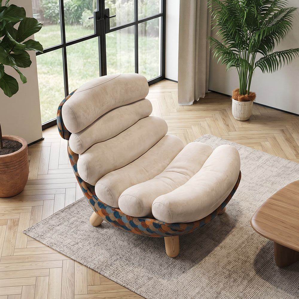 Modern Sculptural Lounge Chair with Plush Cushion and Solid Wood Legs