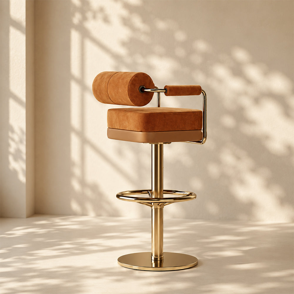 Modern Luxury Swivel Bar Stool with Cylindrical Backrest Gold Metal Frame Counter Chair 1 Piece