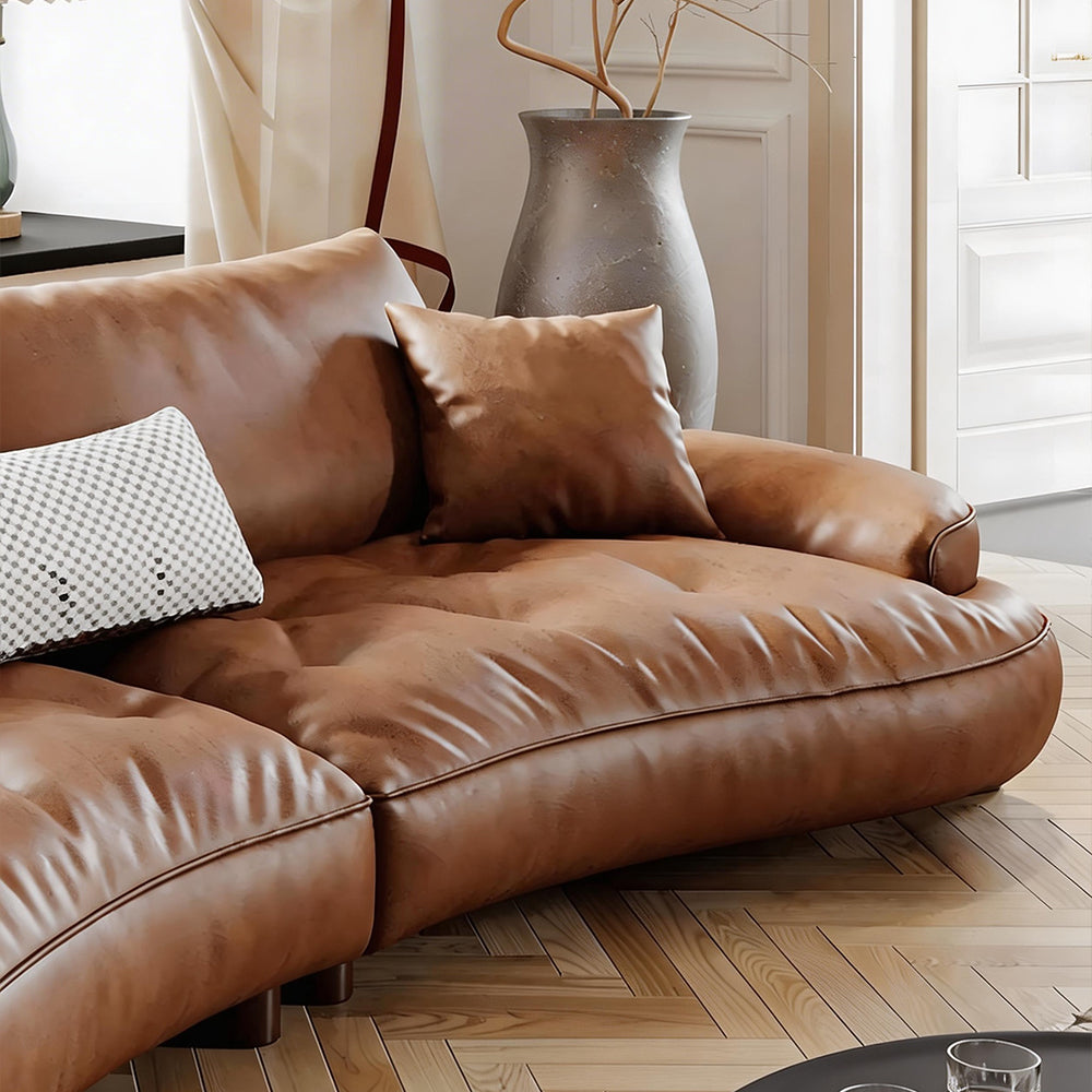 Modern Curved Leather Sofa Camel Upholstery Low Profile Contemporary Lounge Design