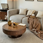 Load image into Gallery viewer, Modern Round Walnut Coffee Table Radial Veneer Design Metal Base
