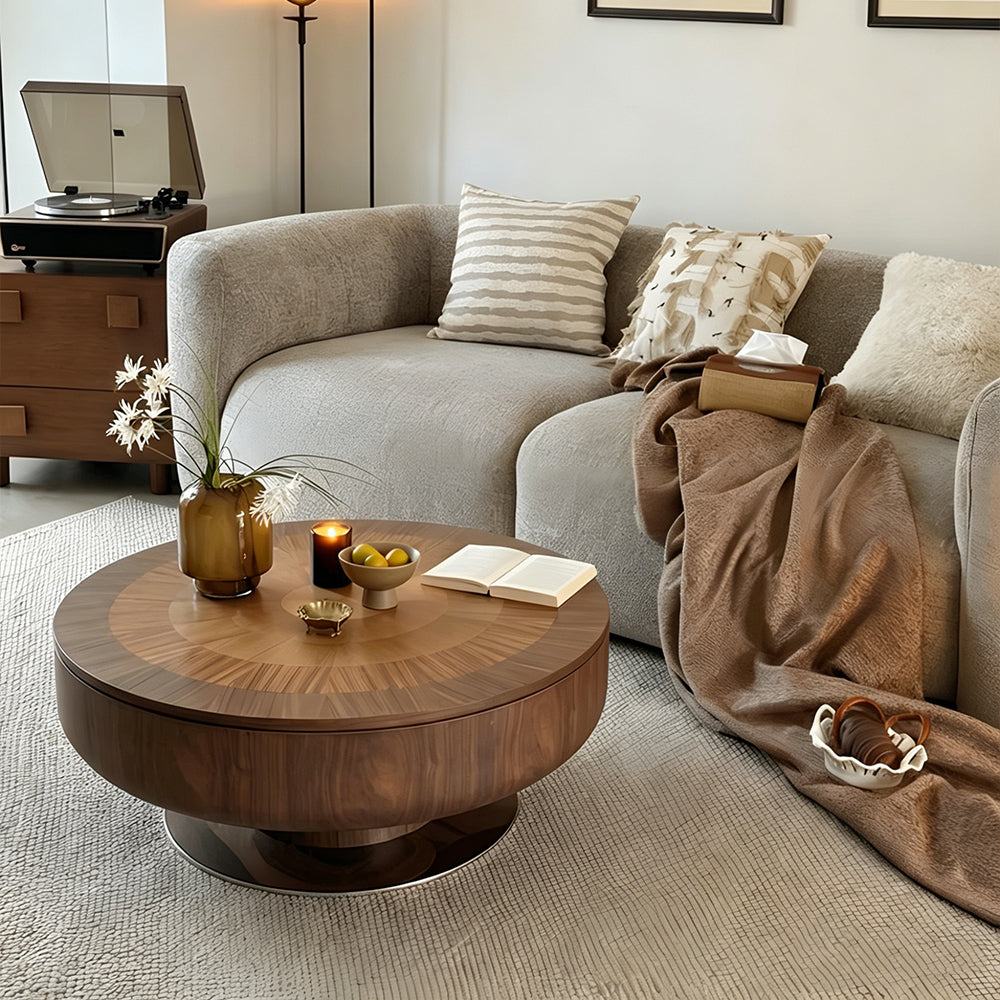 Modern Round Walnut Coffee Table Radial Veneer Design Metal Base