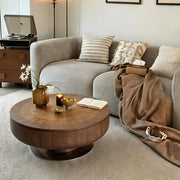 Modern Round Walnut Coffee Table Radial Veneer Design Metal Base