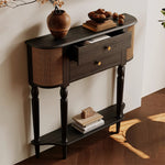 Load image into Gallery viewer, 35.4'' Modern Entryway Console Table with Rattan Panels Black Wood Hallway Table with 2 Drawers &amp; Lower Shelf Decorative Accent Table
