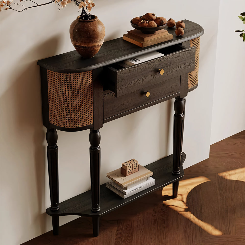 35.4'' Modern Entryway Console Table with Rattan Panels Black Wood Hallway Table with 2 Drawers & Lower Shelf Decorative Accent Table