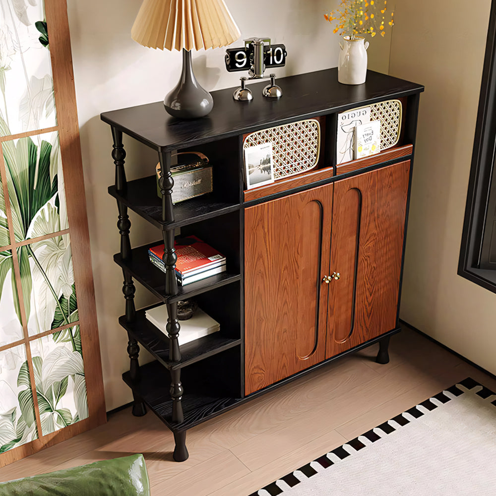 Modern Wooden Shoe Cabinet Entryway Storage with Woven Accent Doors & Open Side Shelves Multifunction Hallway Organizer