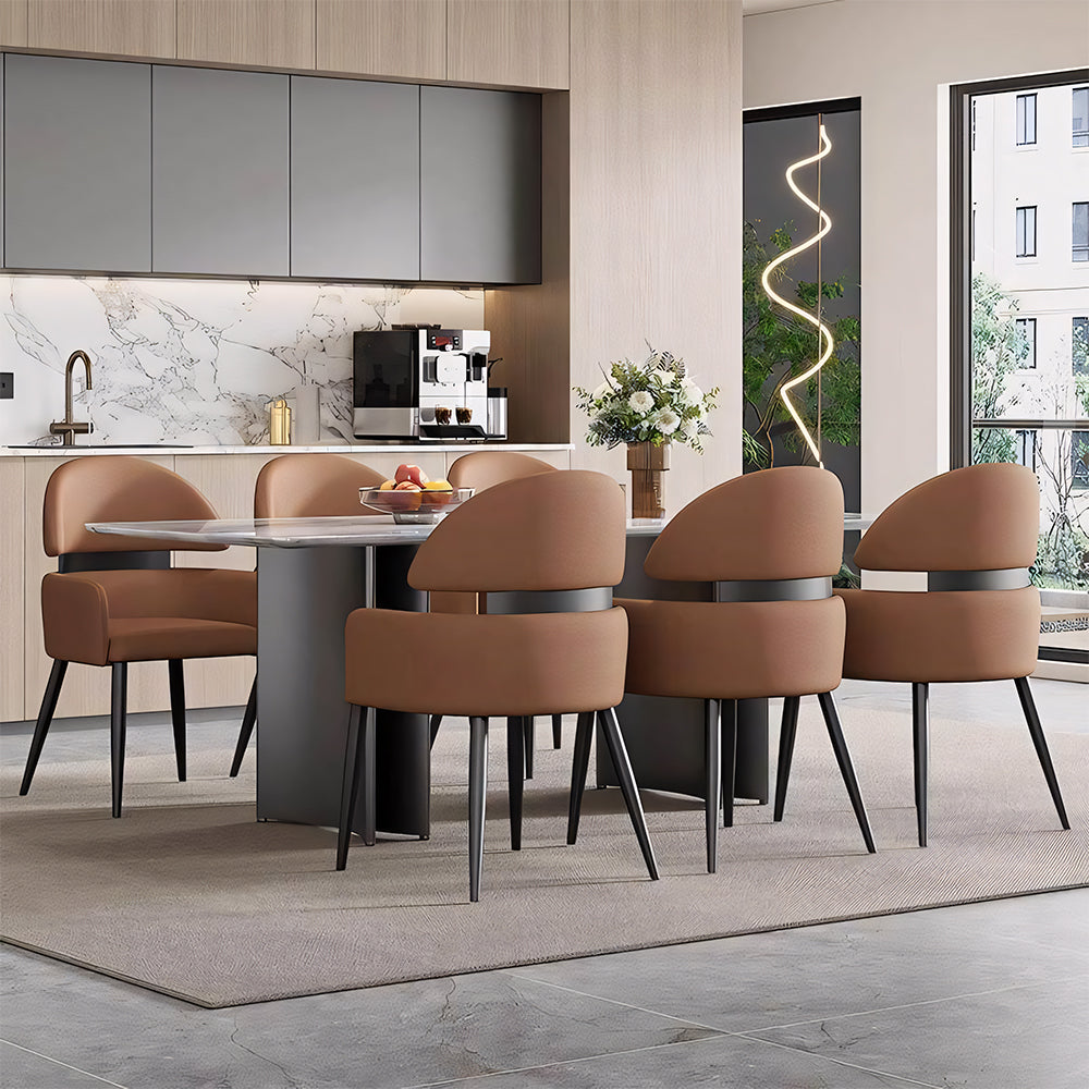 Set of 2 Modern Faux Leather Dining Chair with Curved Backrest Upholstered Seat Carbon Steel Legs Minimalist Dining Room Chair