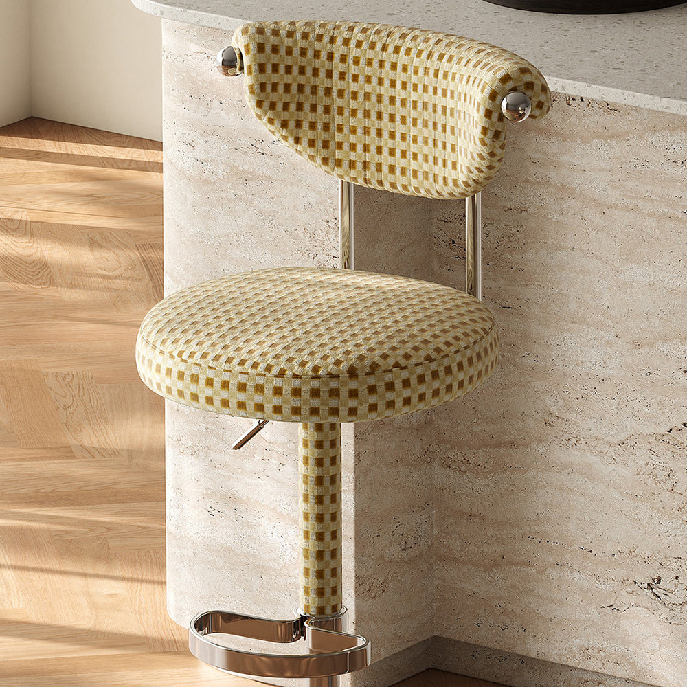 1 Piece Modern Adjustable Bar Stool with Geometric Woven Velvet Upholstery and Stainless Steel Base