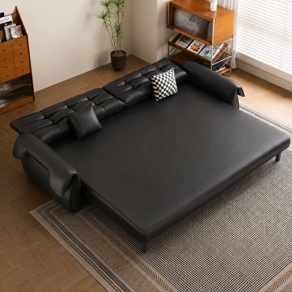 Pet Friendly Black Faux Leather Convertible Sofa Bed with Tufted Cushions