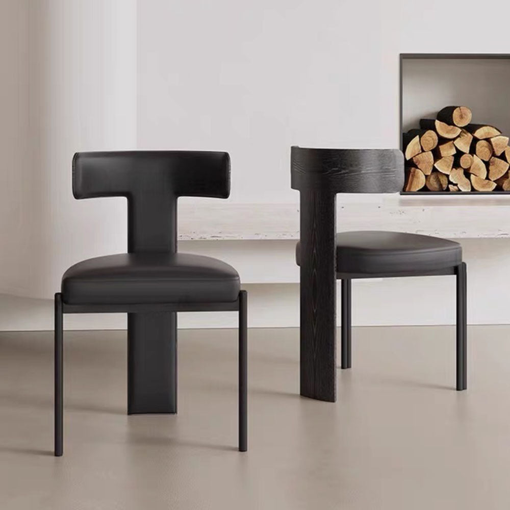 Modern Minimalist Sculptural Dining Chair Faux Leather Seat with Asymmetrical Geometric Backrest