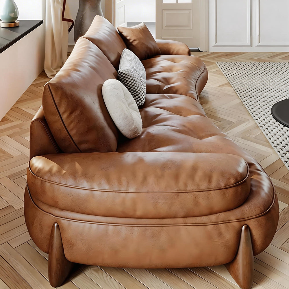 Modern Curved Leather Sofa Camel Upholstery Low Profile Contemporary Lounge Design