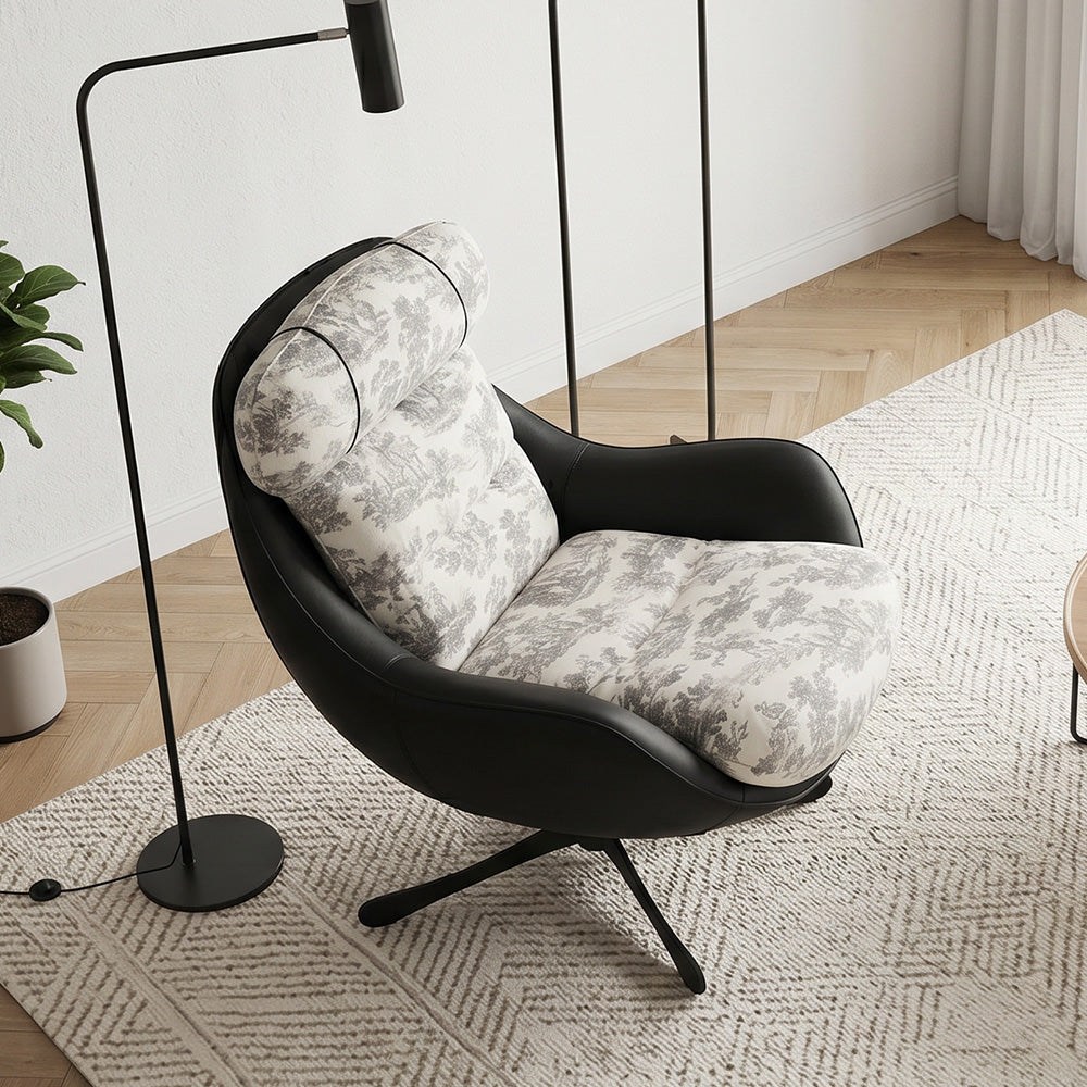 Printed Swivel Lounge Chair with Black Faux Leather Shell