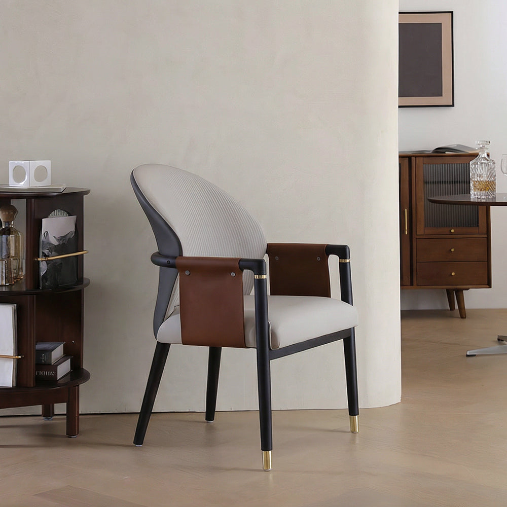 Modern Upholstered Dining Chair Set of 2 Curved Back Accent Chair with Faux Leather Armrests and Ash Wood Legs