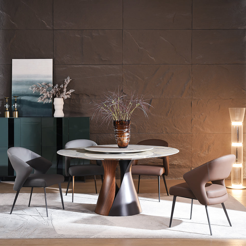 Modern Round Dining Table with Lazy Susan and Sculptural Pedestal Base