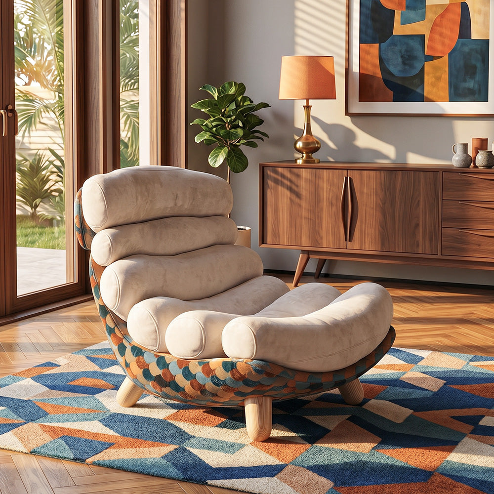 Modern Sculptural Lounge Chair with Plush Cushion and Solid Wood Legs