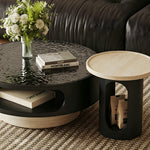 Load image into Gallery viewer, Modern Round Coffee Table Set with Textured Black Top and Open Storage Side Table
